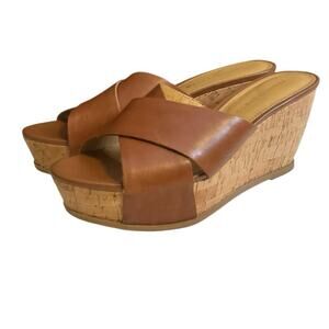 Franco Sarto Frost 2 Platform Wedge Heel Sandals 8M Open Toe Mules Leather Brown